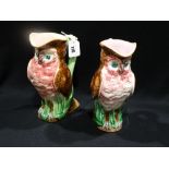 Two Majolica Glazed Owl Pitchers, 10" High