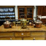 Two Antique Copper Kettles, Together With A Brass Spirit Kettle Etc