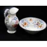 A Victorian English Porcelain Jug & Bowl, With Painted Floral Panels (Bowl Cracked)