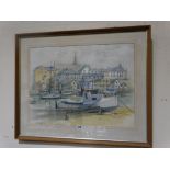 Brett London, Watercolour, Harbour View With Boats To The Foreground, Signed, 20 X 27"