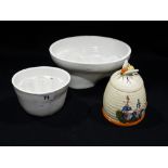 A Price Bros Beehive Honey Pot & Cover Together With Two White Pottery Blancmange Moulds