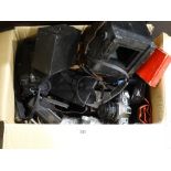 A Box Of Vintage Cameras & Photographic Equipment To Include Canon