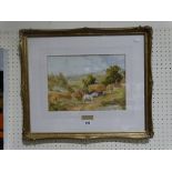 A.D Bell, Watercolour, Harvesting & Landscape Scene With Figures & Horses To The Foreground, Signed