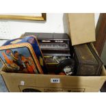 A Box Of Collectables Including Tins, Desk Stand Etc