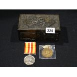 A Metal Covered Cigarette Box, Containing A Long & Efficient Service Medal Etc