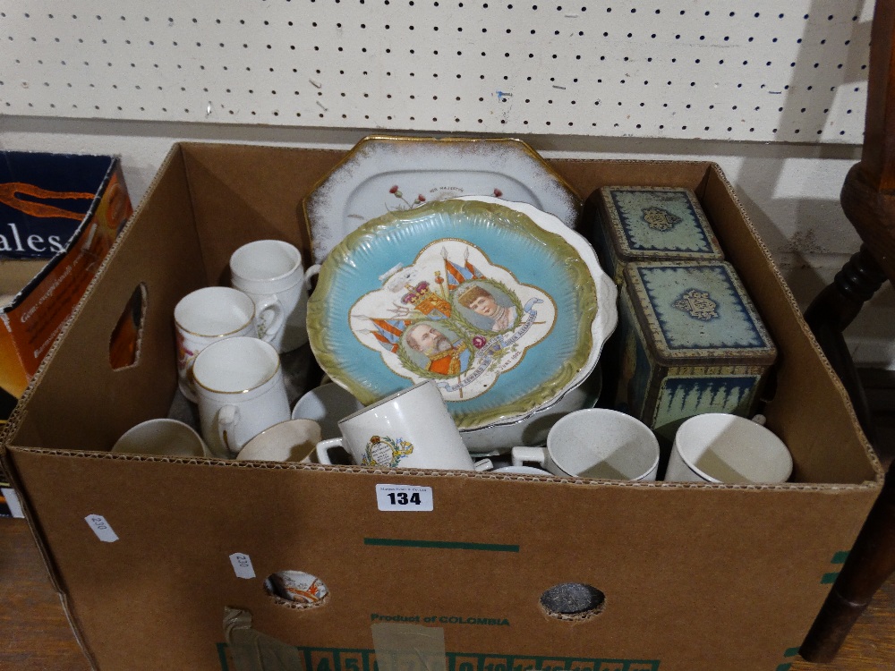 A Box Of Royal Commemorative China & Tins