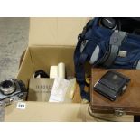 A Box Of Vintage Camera Equipment To Include Nikon Etc