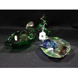 Two Cased Glass Bird Figures, Together With A Similar Ashtray
