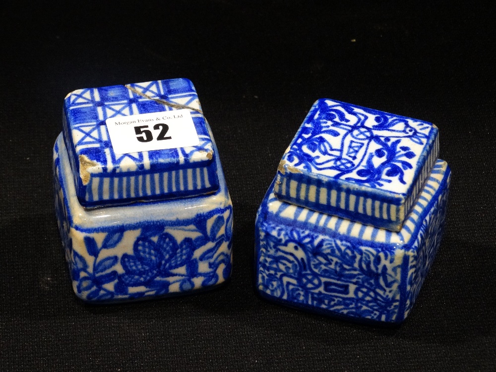 Two Square Delft Blue & White Lidded Inkwells