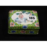 A Chinese Republic Period Enamel Decorated Brass Finish Box On Four Bun Feet, The Lid Showing A