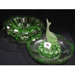 An Art Deco Period Green Glass Flower Bowl & Divider, Together With A Similar Fruit Bowl