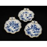 Three 19th Century Scallop Shaped Blue & White Pickle Dishes With Blue Cross Swords Mark To The