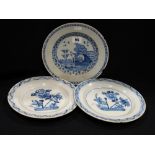 Three Antique Dutch Delft Circular Plates With Floral & Landscape Centres (Usual Chips To Rims) 9"