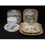 Four Oriental Red Rooster Decorated Square Plates, Together With A Circular Saucer & Fine Eggshell
