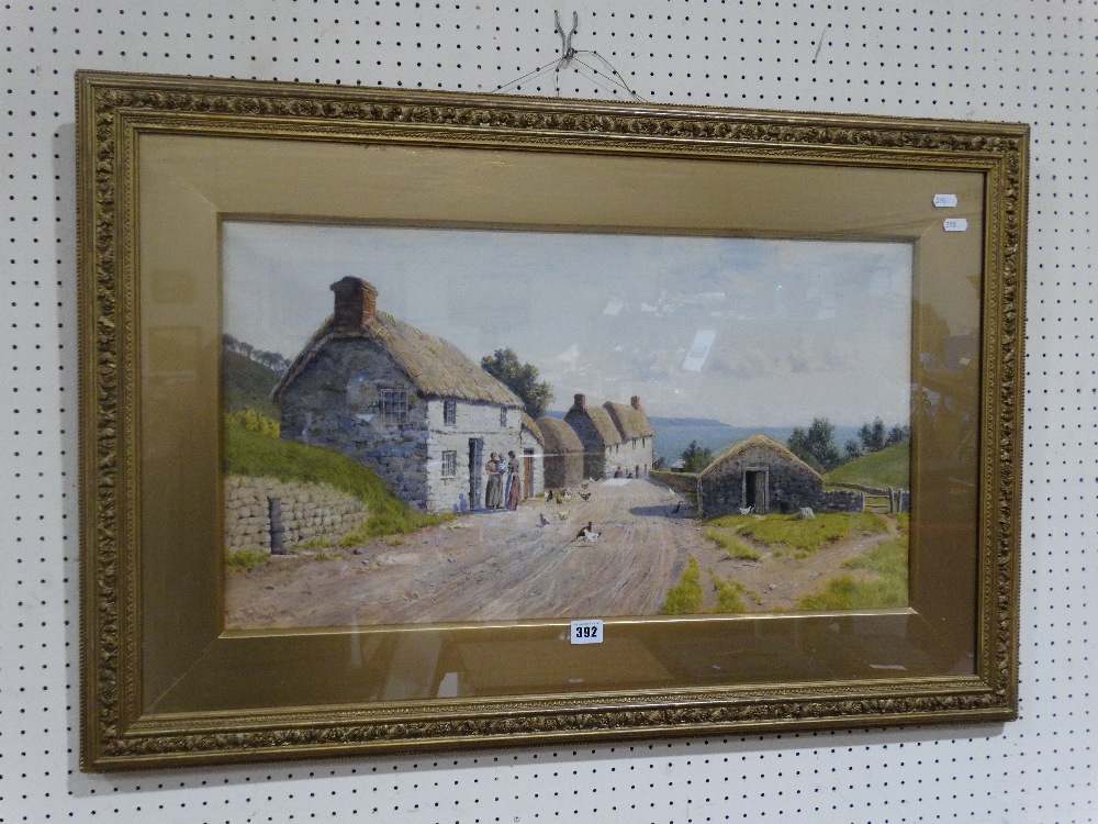 John McDougal, Watercolour, Rural Costal Scene With Thatched Cottages & Figures In Conversation,