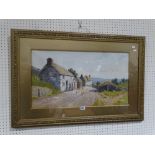 John McDougal, Watercolour, Rural Costal Scene With Thatched Cottages & Figures In Conversation,