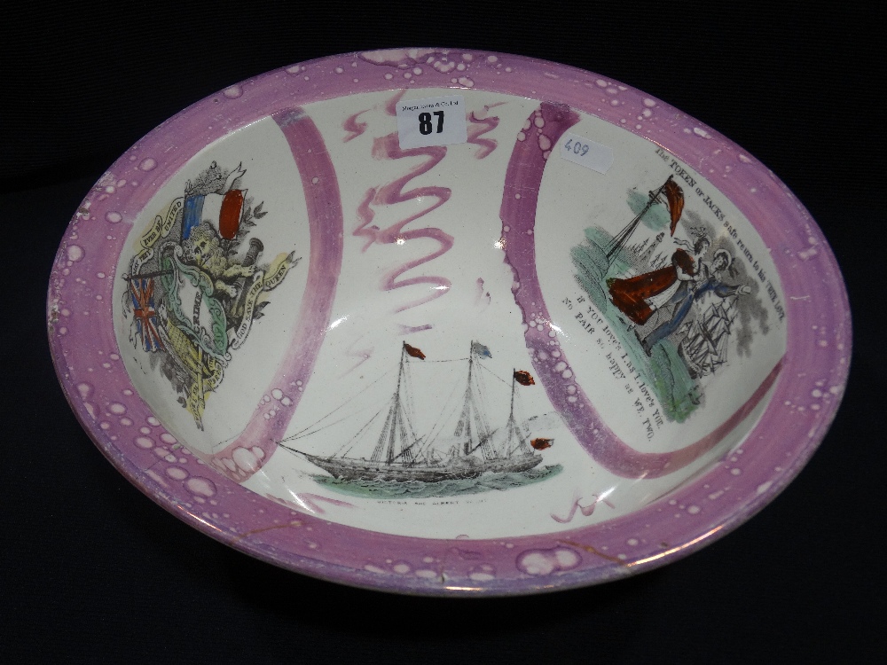 A Circular Sunderland Lustre Pottery Bowl With Transfer Sailing Scenes & Verses (AF) 12" Dia