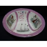 A Circular Sunderland Lustre Pottery Bowl With Transfer Sailing Scenes & Verses (AF) 12" Dia