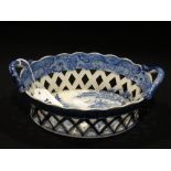 A 19th Century Pierced Pottery Basket With Blue & White Willow Type Pattern