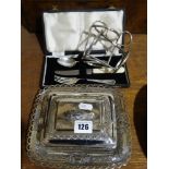 A Glass & Plated Sardine Box & Cover, Together With A Pair Of Plated Glass Holders Etc