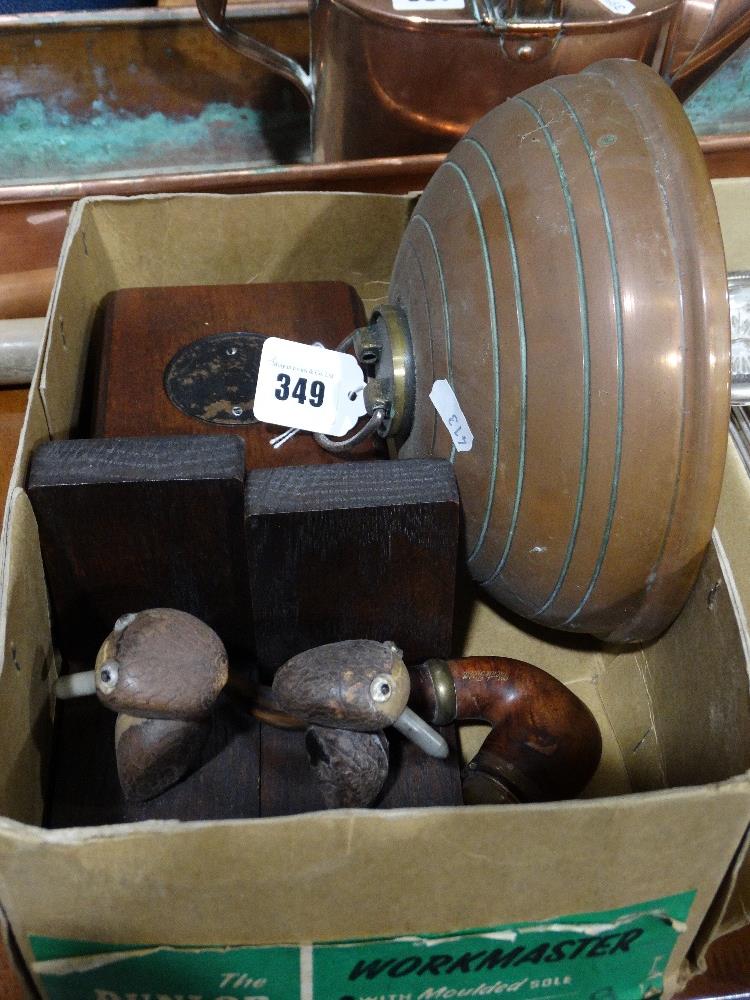 A Box Containing A Copper Bed Warmer, Pair Of Decorative Book Ends Etc