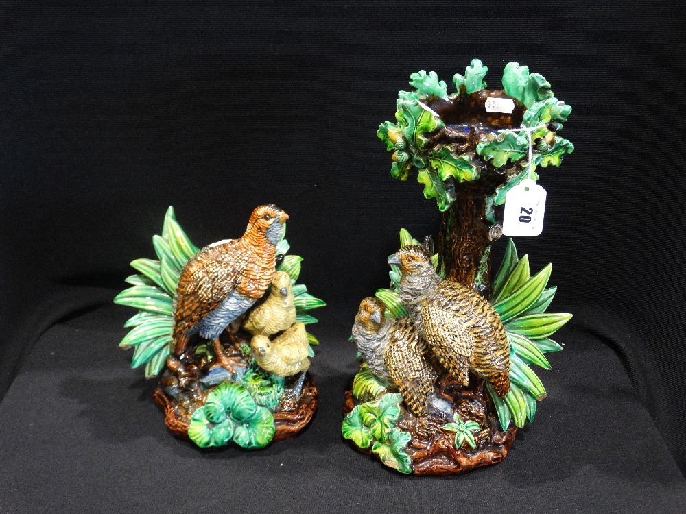 A Pair Of Hugo Lonitz Majolica Partridge Centre Pieces (Losses & Damage) 12" High