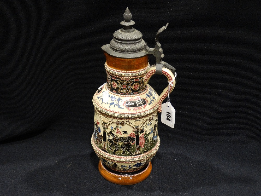 A German Stoneware Pewter Lidded Stein With Tavern Scenes