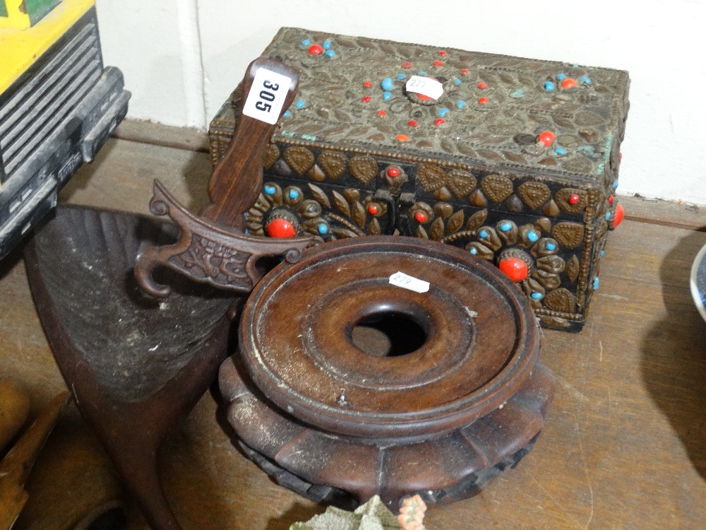 A Semi Precious Stone Covered Box, Together With An Oriental Hardwood Stand Etc