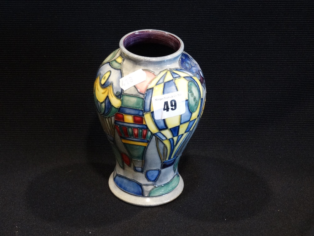 A Circa 1998 Moorcroft Pottery Hot Air Balloon Pattern Circular Based Vase, 7" High