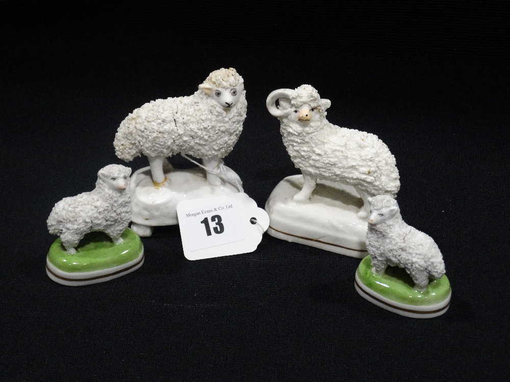 A Pair Of Staffordshire China Ram & Sheep Figures, Together With A Smaller Dresden China Pair (AF)