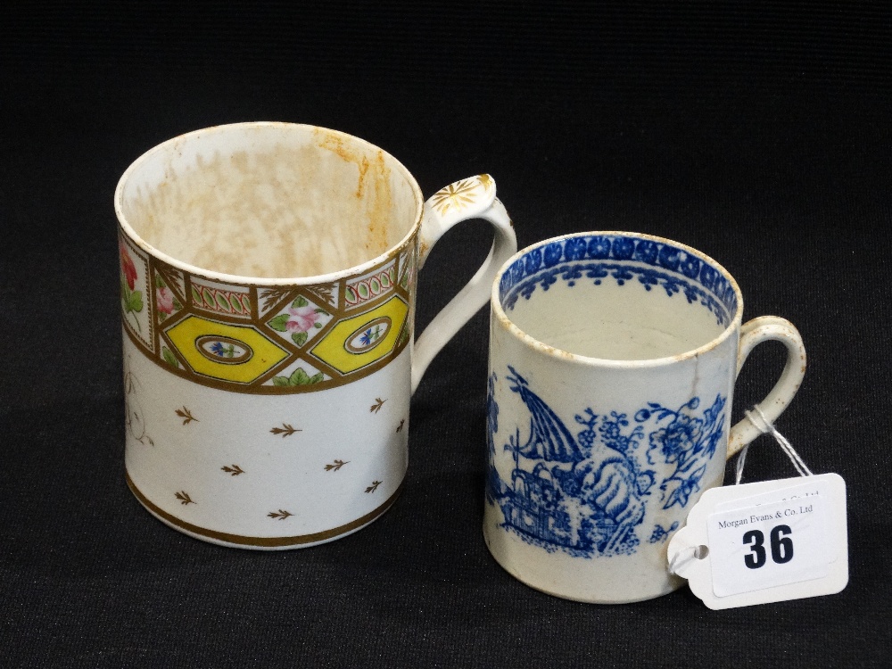 An Early Possibly Caughley Blue & White Mug, Together With A Floral & Gilt Decorated Mug
