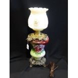 A 20th Century Metal & Milk Glass Table Lamp With Floral Decorated Shade