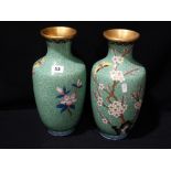 A Pair Of Circular Based 20th Century Butterfly & Blossom Decorated Cloisonne Vases, 13" High