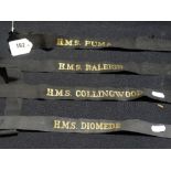 Four Royal Navy Cap Tallies, HMS Puma, Collingwood, Diomede, Raleigh