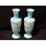 A Pair Of Victorian Blue Milk Glass & Floral Enamel Painted Vases, 11" High