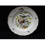 A Circular Porcelain Dished Plate Decorated With Birds, Insects & Leaves, Blue Crossed Swords Mark