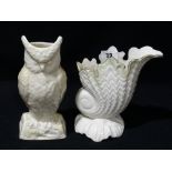 A Belleek Porcelain Scallop Vase, Together With An Owl Vase