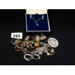 A Silver Set Blue Stone Pendant & Earrings, Together With A Small Box Of Costume Jewellery