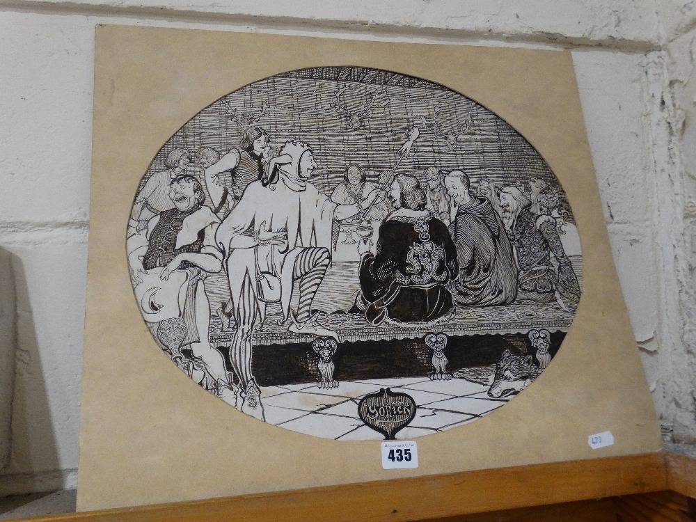 A. Ledder Buckley, A Pen & Ink Drawing, Shakespearean Banquet Hall Scene, Titled "Yorick", Signed