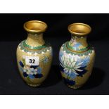 A Pair Of 20th Century Circular Based Cloisonne Vases With Bird & Floral Decoration, 6.5" High