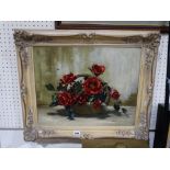 E. Bridge, Oil On Board, Still Life Study Of Roses In A Basket, Signed