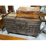 An Antique Indian Wedding Chest With Four Cupboard Door Front & Sliding Lid To The Top, Carved