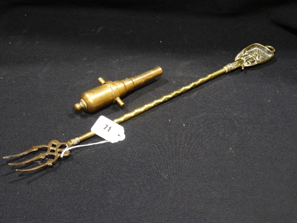 A Heavy Cast Model Cannon Barrel, Together With A Brass Toasting Fork