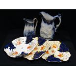 Three Gaudy Welsh Pottery Bread & Butter Plates, Together With Two Staffordshire Pottery Jugs