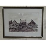 Sir Kyffin Williams, A Limited Edition Print Of Ponies Grazing With Buildings Behind, Signed & No