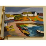Owen Meilir, Oil On Canvas, Harbour Study With Moored Boats, Signed