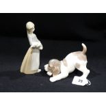 A Lladro Porcelain Puppy, Together With A Lladro Girl & Piglet