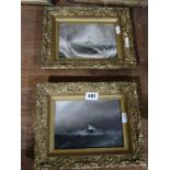 European School A Pair Of Small Oil On Card Studies Of Sailships In Stormy Seas,One Marked Muller &