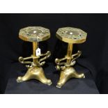 An Unusual Pair Of Heavy Brass Kettle Stands On Tripod Bases, 14" High