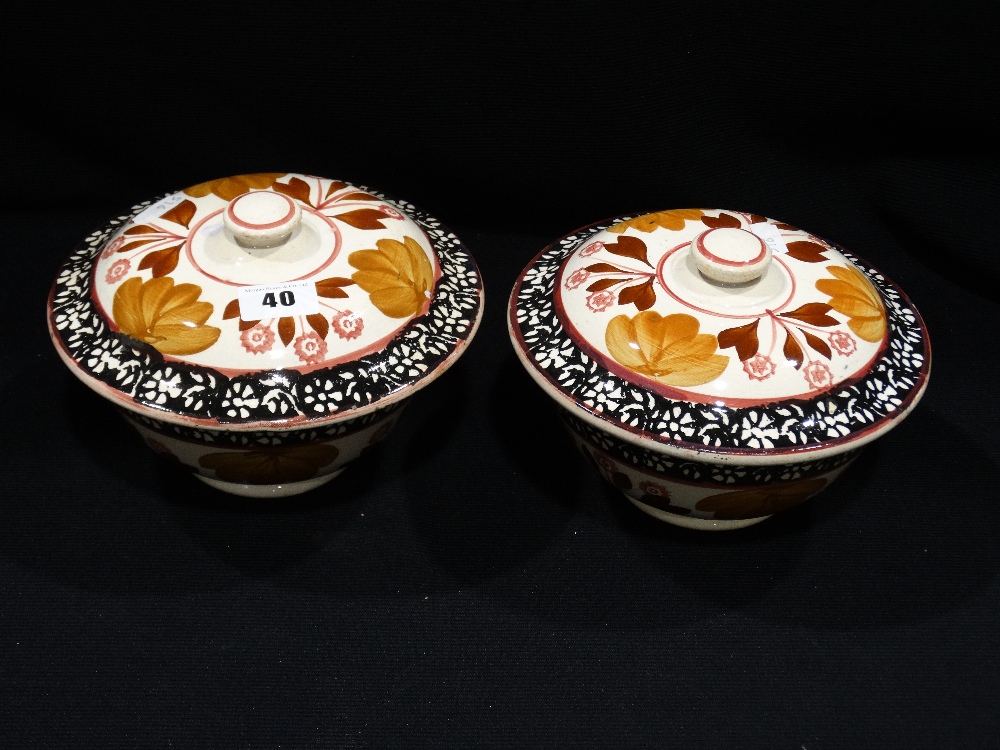 A Pair Of 19th Century Staffordshire Pottery Sponge Ware Decorated Bowls & Covers